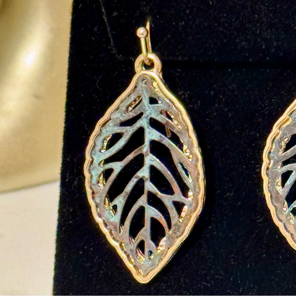 Leaf Skeleton Gold, Brown and Green Patina Drop Dangle Earrings